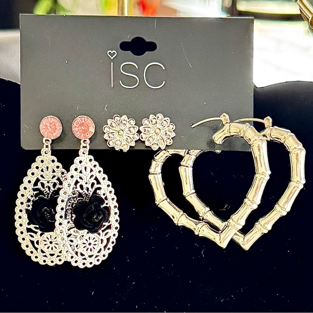 ISC 3 pairs Gold, Pink and Black Earring Set